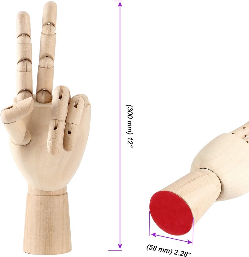 JOIKIT 2 Pack 12 Inches Wood Art Mannequin Hand, Left and Right Wooden Manikin Hand, Wooden Artist Hand Model with Flexible Moveable Fingers for Drawing, Sketching, Painting - Image 2